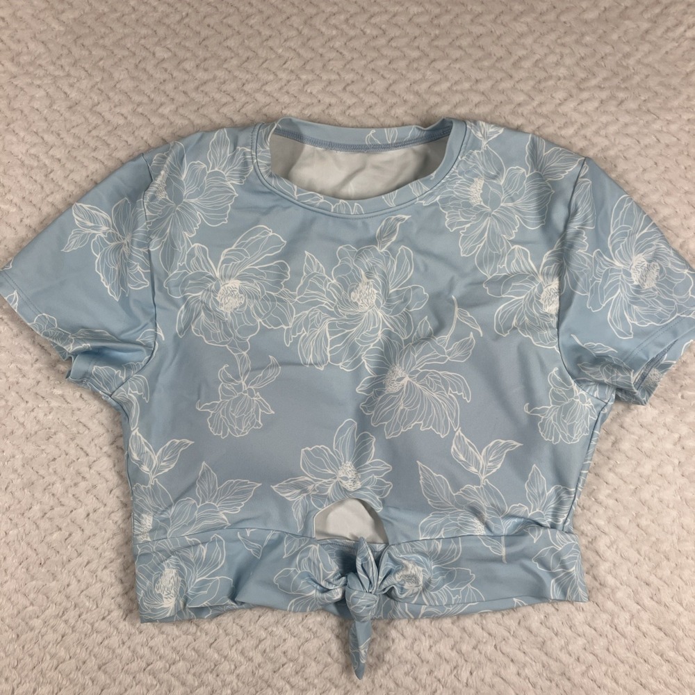 Coolibar Women's Long Sleeve Full Zip UPF Swim Top Blue Leaf Pattern Beach Small